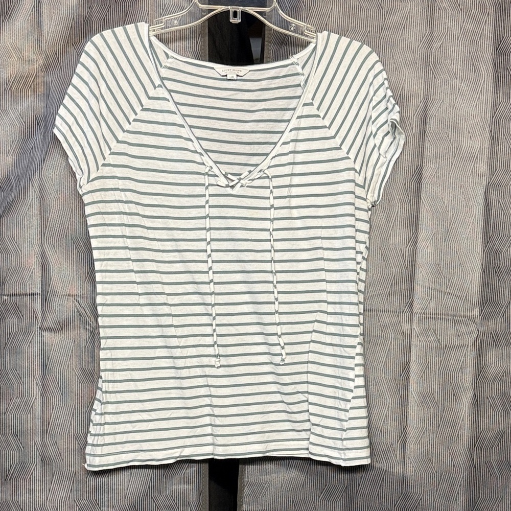 Lucky Brand White and Gray Striped Short Sleeve Top